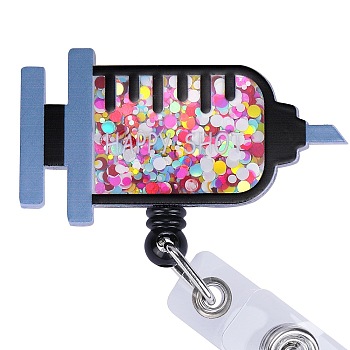 Sequin Quicksand Effect Acrylic & ABS Plastic Badge Reel, Retractable Badge Holder, Syringe, 87mm, Syringe: 41x75mm