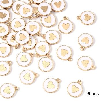 30Pcs Alloy Enamel Charms, Light Gold, Flat Round with Heart, White, 14x11.5x2mm, Hole: 1.6mm