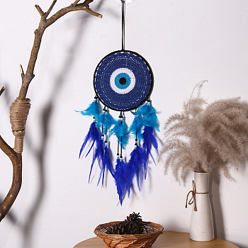 Iron & Woven Web/Net with Feather Pendant Decorations, Evil Eye Style for Home Room Hanging Decoration, Midnight Blue, 500x200mm