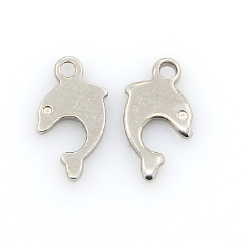 201 Stainless Steel Fish Charms, Dolphin Pendants, Stainless Steel Color, 12x8x1mm, Hole: 1mm