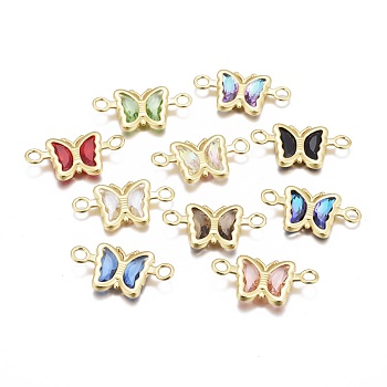 Faceted Glass Links Connectors, with Golden Tone Brass Claw Connector Settings, Butterfly, Mixed Color, 14.5x27.5x3.5mm, Hole: 3mm