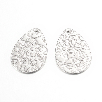 201 Stainless Steel Pendants, Textured, teardrop, with Floral Pattern , Stainless Steel Color, 24x16x0.8mm, Hole: 1mm