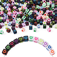 1200Pcs 12 Colors Opaque Acrylic European Beads, Large Hole Beads, Cube with Heart, Mixed Color, 7x7x7mm, Hole: 4mm, 100pcs/color(MACR-TA0001-20)