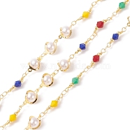 CCB Plastic Pearl & Glass Bicone Beaded Chains, with Real 18K Gold Plated Brass Findings, Soldered, with Spools, Cadmium Free & Lead Free, Colorful, 12.5x8x6mm, 16.5x4mm(CHC-P009-35G)