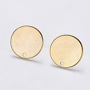 Brass Stud Earring Findings, with Flat Plate, with Stainless Steel Pins, Nickel Free, Flat Round, Real 18K Gold Plated, 15mm, Hole: 1.2mm, Pin: 0.8mm(KK-T049-10G-NF)