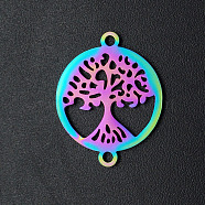 Ion Plating(IP) 201 Stainless Steel Links Connectors, Laser Cut, for Religion, Flat Round with Tree of Life, Rainbow Color, 19x15x1mm, Hole: 1.2mm(STAS-S105-JA578)