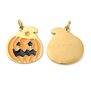 Halloween Ion Plating(IP) 304 Stainless Steel Charms, with Enamel and Jump Ring, Golden, Pumpkin Charm, Orange, 15x14x1mm, Hole: 2.6mm(STAS-D066-10G)