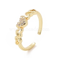 Clear Cubic Zirconia Heart Open Cuff Ring, Brass Jewelry for Valentine's Day, Golden, Inner Diameter: 18mm(RJEW-E072-22G)