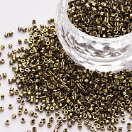 Plated Glass Cylinder Beads, Seed Beads, Metallic Colours, Round Hole, Dark Goldenrod, 1.5~2x1~2mm, Hole: 0.8mm, about 8000pcs/bag, about 1pound/bag(SEED-S047-E-009)