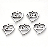 304 Stainless Steel Charms, Laser Cut, Heart with Word Love, for Valentine's Day, Stainless Steel Color, 15x15x1mm, Hole: 1.4mm(X-STAS-N092-84)