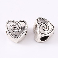 Alloy European Beads, Large Hole Beads, Cadmium Free & Lead Free, Heart, Antique Silver, 11x11x7.5mm, Hole: 4.5mm, about 329pcs/804g(TIBEB-R069-04AS-RS)