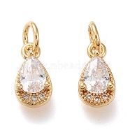 Brass Micro Pave Clear Cubic Zirconia Charms, with Jump Rings, Long-Lasting Plated, Real 18K Gold Plated, Teardrop, Clear, 10.5x5.5x3.5mm, Hole: 3.4mm(X-KK-F820-15C-G)