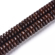 Coconut Beads Strands, Flat Round, Coconut Brown, 8x2.5~3mm, Hole: 1.2mm, about 109~112pcs/strand, 12.1~12.2 inch(30.7~31cm)(COCO-O009-01-8x3mm)