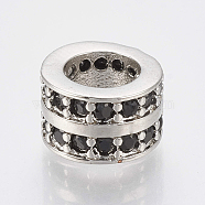 Brass Micro Pave Cubic Zirconia Beads, Large Hole Beads, Column, Black, Platinum, 8.5x5.5mm, Hole: 5mm(ZIRC-S058-86P)