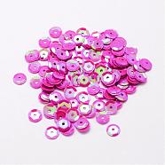 Plastic Paillette Beads, Semi-cupped Sequins Beads, Center Hole, Fuchsia, 8x0.5mm, Hole: 1mm(PVC-A002-8mm-02)