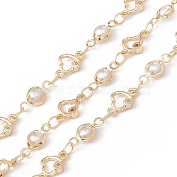 Handmade Eco-friendly Brass Heart & Flat Round Link Chain, with Cubic Zirconia & Glass Pearl Beaded, Real 18K Gold Plated, Lead Free & Cadmium Free, Soldered, with Spool, WhiteSmoke, 9x6x2mm, 10x5x3mm(CHC-E025-33G)