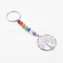 Gemstone and Natural Quartz Crystal Chakra Keychain, with Iron Key Rings and Brass Pendants, Ring with Tree of Life, Platinum, 110mm(KEYC-P037-B04)