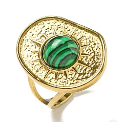 304 Stainless Steel Open Cuff Rings, Synthetic Malachite Oval Finger Rings for Women Men, Real 18K Gold Plated, Adjustable(RJEW-C079-19G-01)