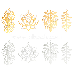 8Pcs 8 Style 201 Stainless Steel Pendants, Laser Cut, Lotus & Leaf & Flower, Golden & Stainless Steel Color, 30.5~37x15~33x1mm, Hole: 1.6mm, 1pc/style(STAS-UN0043-42)