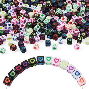 1200Pcs 12 Colors Opaque Acrylic European Beads, Large Hole Beads, Cube with Heart, Mixed Color, 7x7x7mm, Hole: 4mm, 100pcs/color