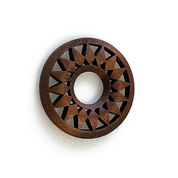 Wood Pendants, for Earring Jewelry Making, Donut with Flower, Coconut Brown, 35mm