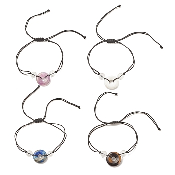 Natural Gemstone Pi Disc Braided Bead Bracelet for Women, Inner Diameter: 1/4~4-1/8 inch(0.5~10.5cm) 