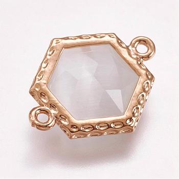 Faceted Cat Eye Links connectors, with Brass Finding, Light Gold, Hexagon, Azure, 18x14.5x5mm, Hole: 1mm