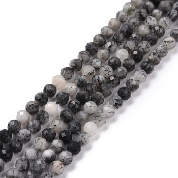 Natural Tourmalinated Quartz/Black Rutilated Quartz Beads Strands, Faceted, Round, 4~4.5mm, Hole: 0.8mm, about 96pcs/strand, 15.91''(40.4cm)