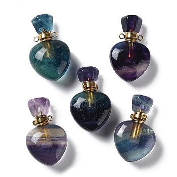 Natural Fluorite Heart Perfume Bottle Pendants, with Golden Tone Stainless Steel Findings, Essentail Oil Diffuser Charms, for Jewelry Making, 32.5~34x21x11.5~13.5mm, Hole: 1.8mm