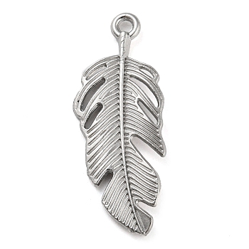 316 Stainless Steel Pendants,  Feather Charm, Stainless Steel Color, 34x13x2.5mm, Hole: 2mm