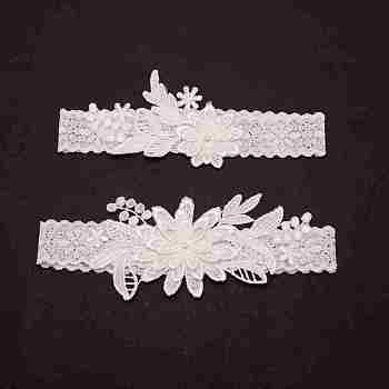 Polyester Lace Elastic Bridal Garters, Flower Pattern with Imitation Pearl, Wedding Garment Accessories, White, 2-7/8 inch(7.3cm), Inner Diameter: 4-7/8 inch(12.5cm)