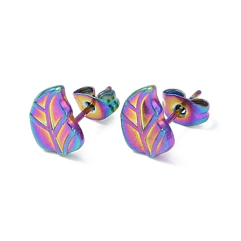 Ion Plating(IP) 304 Stainless Steel Stud Earring for Women, Leaf, Rainbow Color, 10.2x7.7mm, Pin: 0.8mm