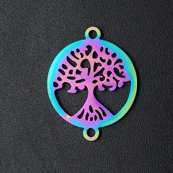 Ion Plating(IP) 201 Stainless Steel Links Connectors, Laser Cut, for Religion, Flat Round with Tree of Life, Rainbow Color, 19x15x1mm, Hole: 1.2mm