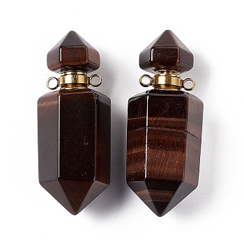 Faceted Bullet Natural Dyed Red Tiger Eye Perfume Bottle Pendants, Essentail Oil Diffuser Charm, with Golden Tone Metal Findings, for Jewelry Making, 42~45x16~17x16~17mm, Hole: 2mm