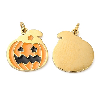Halloween Ion Plating(IP) 304 Stainless Steel Charms, with Enamel and Jump Ring, Golden, Pumpkin Charm, Orange, 15x14x1mm, Hole: 2.6mm
