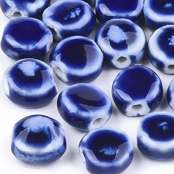 Handmade Porcelain Beads, Fancy Antique Glazed Porcelain, Flat Round, Blue, 10~11x10.5~11x5~5.5mm, Hole: 1.5~2mm