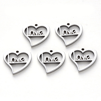 304 Stainless Steel Charms, Laser Cut, Heart with Word Love, for Valentine's Day, Stainless Steel Color, 15x15x1mm, Hole: 1.4mm