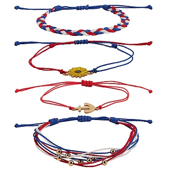 4Pcs 4 Style Flower & Anchor Braided Bead Bracelets Set, Mutli String Bracelets for Women, Mixed Color, 1-7/8~3-3/4 inch(4.9~9.5cm)