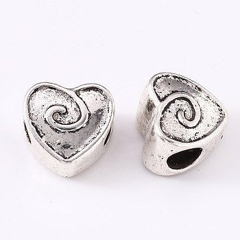 Alloy European Beads, Large Hole Beads, Cadmium Free & Lead Free, Heart, Antique Silver, 11x11x7.5mm, Hole: 4.5mm, about 329pcs/804g