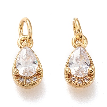 Brass Micro Pave Clear Cubic Zirconia Charms, with Jump Rings, Long-Lasting Plated, Real 18K Gold Plated, Teardrop, Clear, 10.5x5.5x3.5mm, Hole: 3.4mm