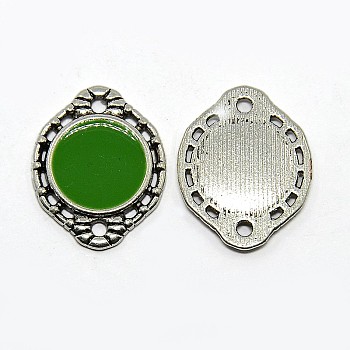 Oval Antique Silver Tone Alloy Enamel Links connectors, Green, 18x15x1.5mm, Hole: 1mm