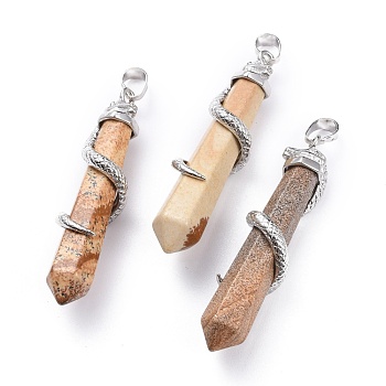 Natural Picture Jasper Big Pointed Pendants, with Platinum Plated Brass Bails, Faceted, Bullet with Snake, 59~61.5x11~12x11~12mm, Hole: 5x8mm