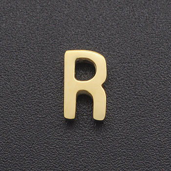 201 Stainless Steel Charms, for Simple Necklaces Making, Laser Cut, Letter, Golden, Letter.R, 8x4.5x3mm, Hole: 1.8mm