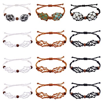 12Pcs Adjustable Braided Nylon Cord Macrame Pouch Bracelet Making, Interchangeable 2 Stones, with Natural Wood Beads, Mixed Color, Inner Diameter: 1-7/8~3-1/4 inch(4.7~8.4cm)