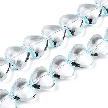 Transparency Glass Beads Strands, Heart, Light Sky Blue, 12.5x14.5x8mm, Hole: 0.8mm, about 50pcs/strand, 24.61''(62.5cm)