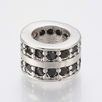 Brass Micro Pave Cubic Zirconia Beads, Large Hole Beads, Column, Black, Platinum, 8.5x5.5mm, Hole: 5mm