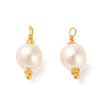 ABS Plastic Imitation Pearl Pendants, with Real 18K Gold Plated Rack Plating Brass Findings and Glass Seed Beads, Round Charm, WhiteSmoke, 16.5x8mm, Hole: 1.6mm