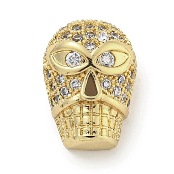 Brass Micro Pave Clear Cubic Zirconia Beads, Skull, Real 18K Gold Plated, 12.5x11x8mm, Hole: 1.8mm