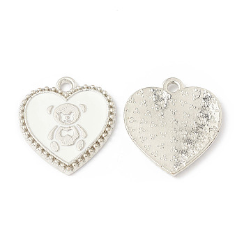 Alloy Enamel Pendants, Heart with Bear Pattern Charm, Platinum, White, 21x19x1.7mm, Hole: 2mm