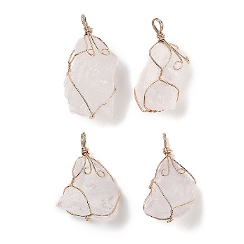 Raw Rough Natural Quartz Crystal Copper Wire Wrapped Big Pendants, Rock Crystal Nuggets Charms, Golden, 44.5~57.5x24~34x20~34mm, Hole: 7x6mm